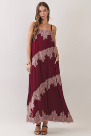 Red Contrast Lace Trim Maxi Dress — spaghetti strap and lace trim