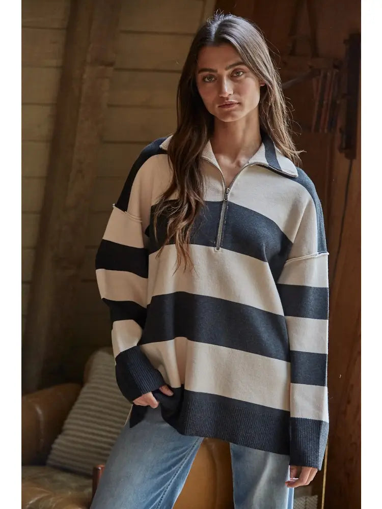 Navy & Cream Striped Half Zip