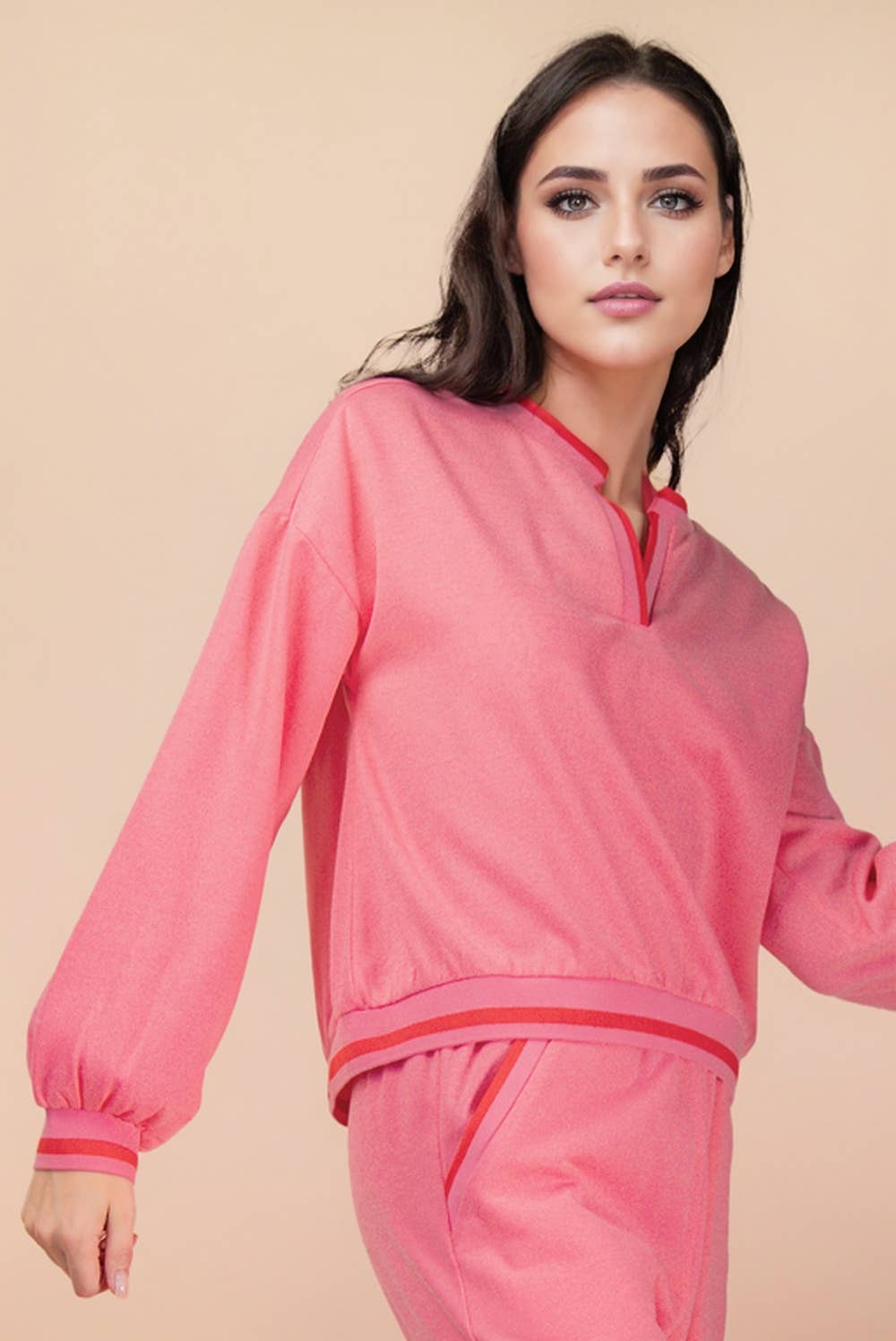 Pink Color Band Detail Comfy Set