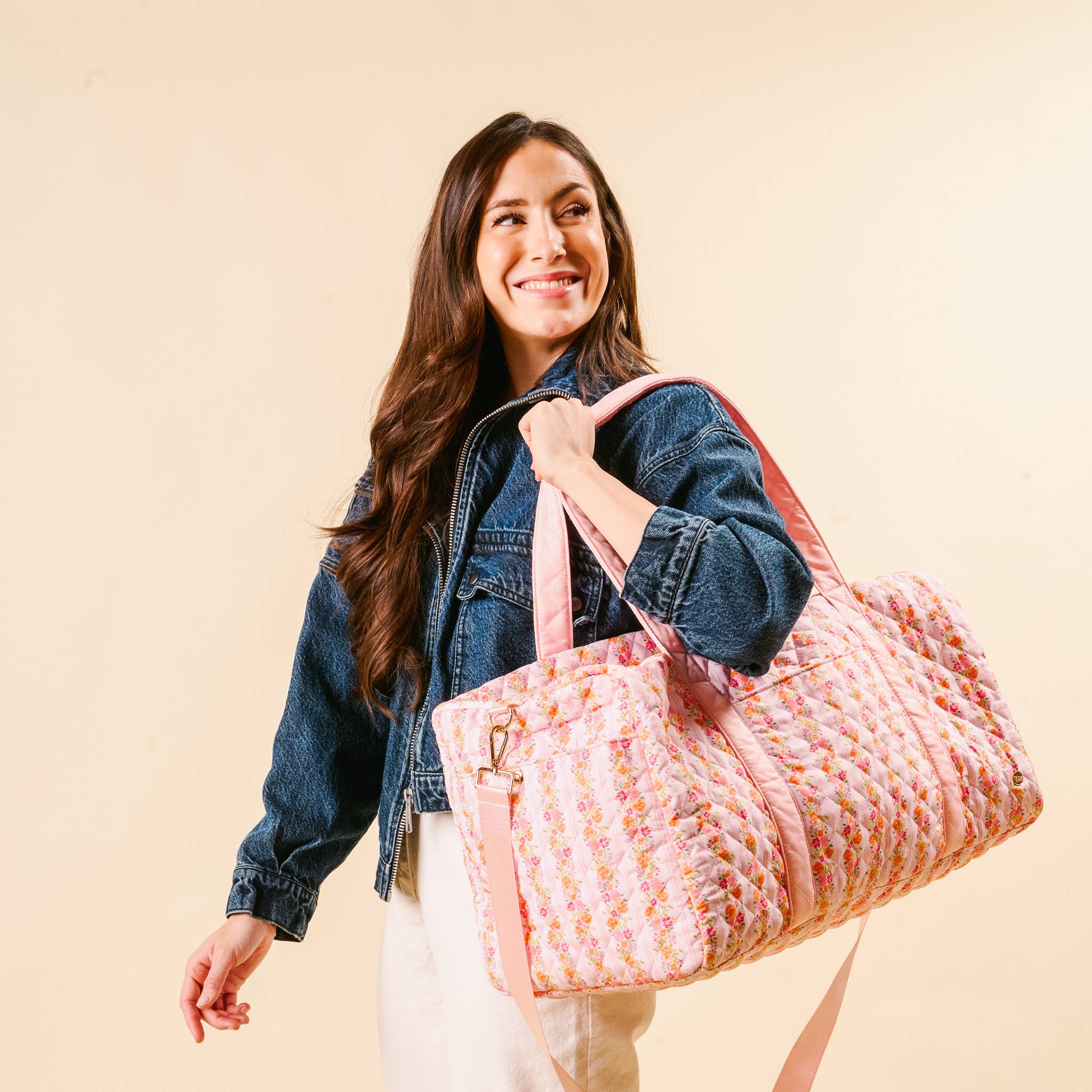 Pink Floral Quilted Duffel Bag