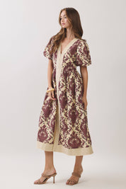Cream & Burgundy Paisley Midi Dress showing contrast trim detailing