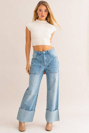High Waisted Wide Leg Cuffed Jeans