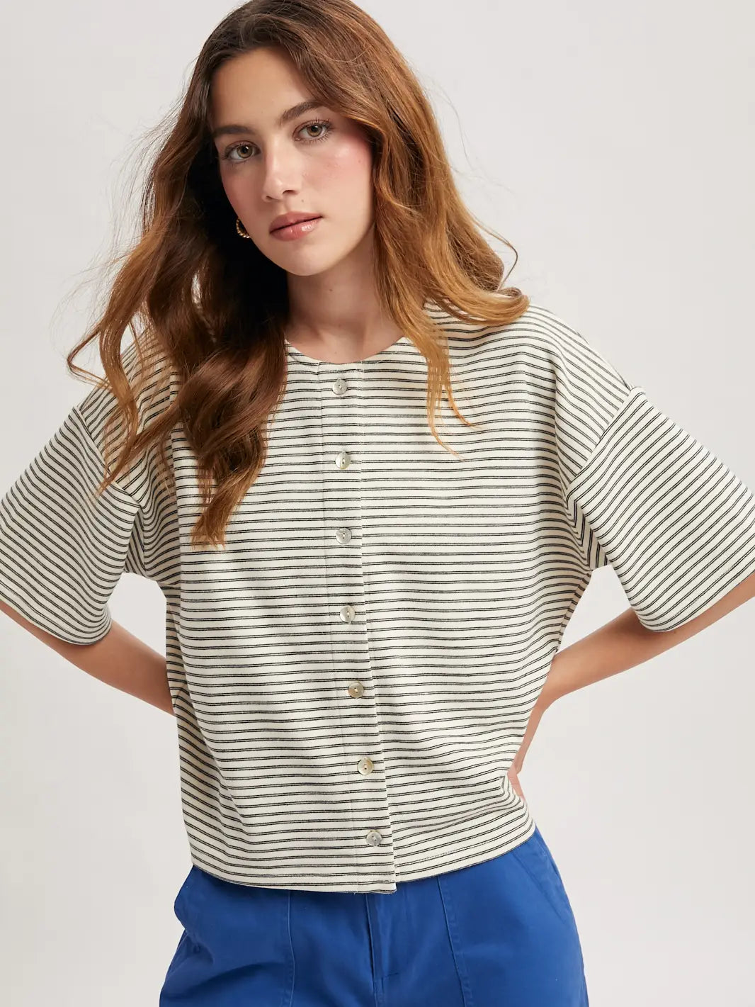 Ivory Boxy Striped Button Knit Top