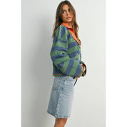 Green Striped Quarter-Zip Contrast Collar Sweatshirt