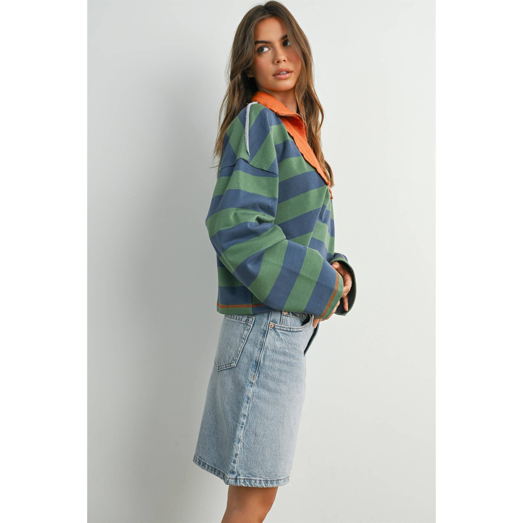 Green Striped Quarter-Zip Contrast Collar Sweatshirt