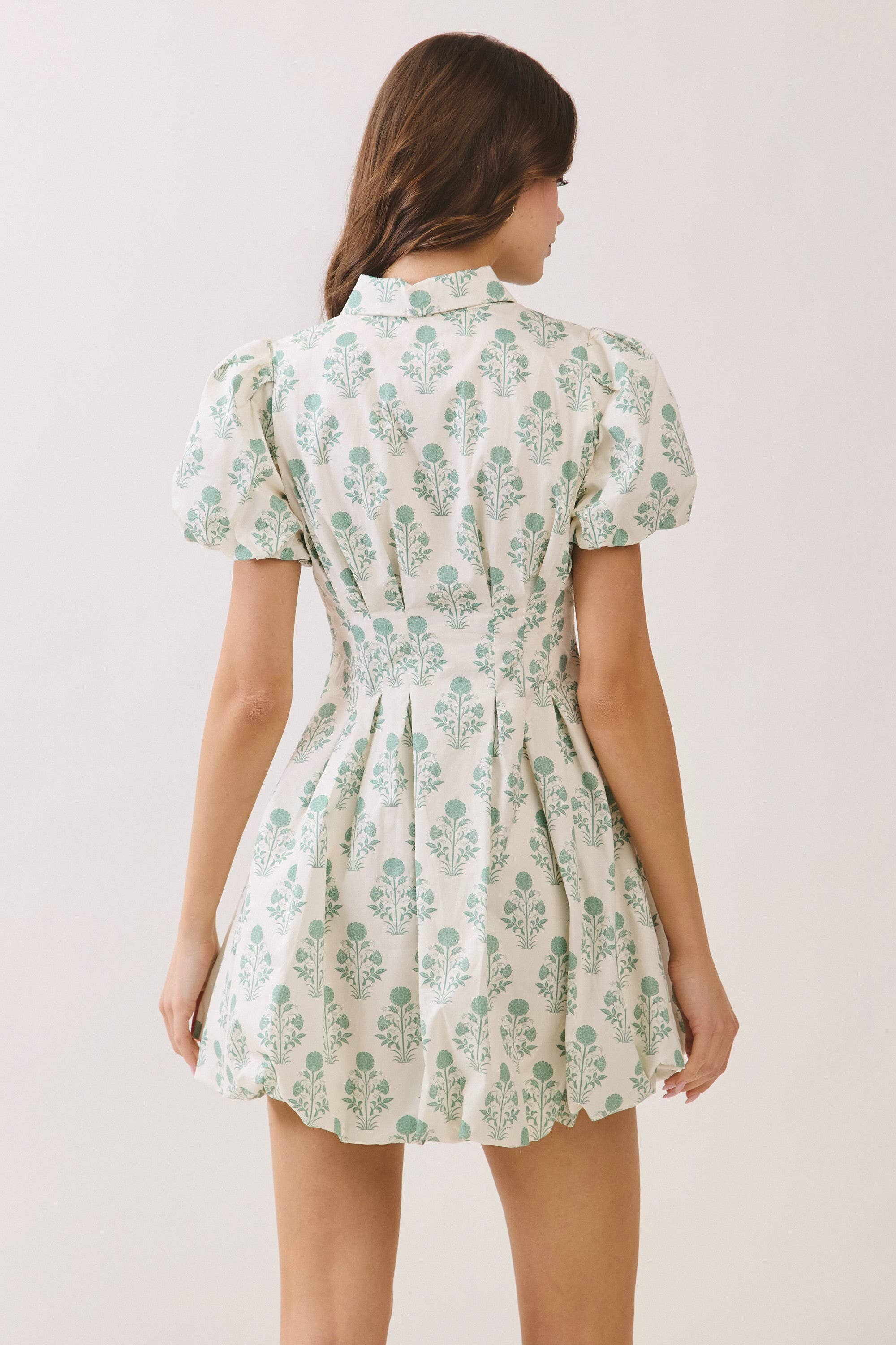 Green Floral Bubble Mini Dress