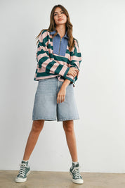 Green Striped Quarter-Zip Contrast Collar Sweatshirt