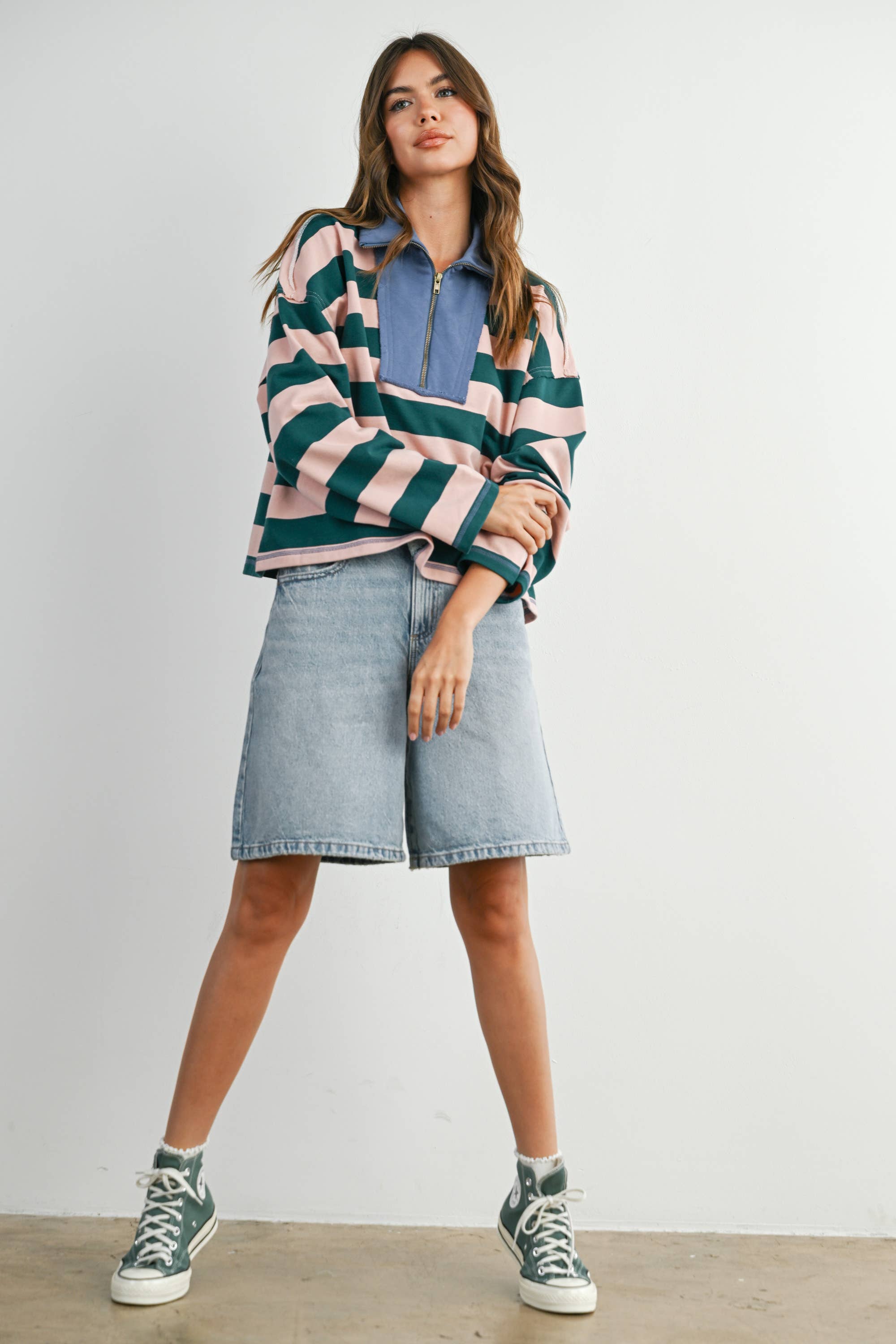 Green Striped Quarter-Zip Contrast Collar Sweatshirt