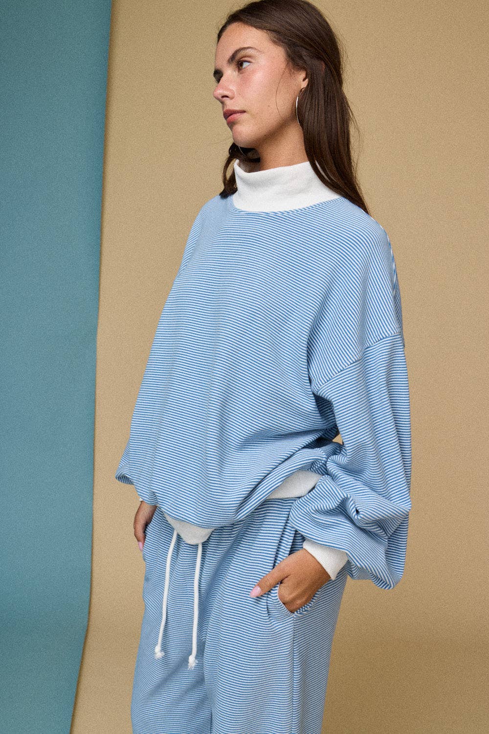 Blue Mockneck Stripe Lounge Set