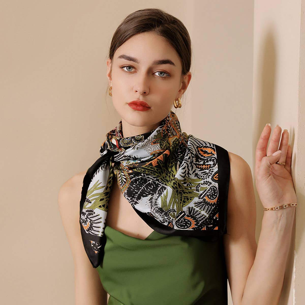 Black Vintage French Print Scarf in Polyester satin