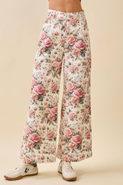 Rose Print Wide Leg High Waist Pants