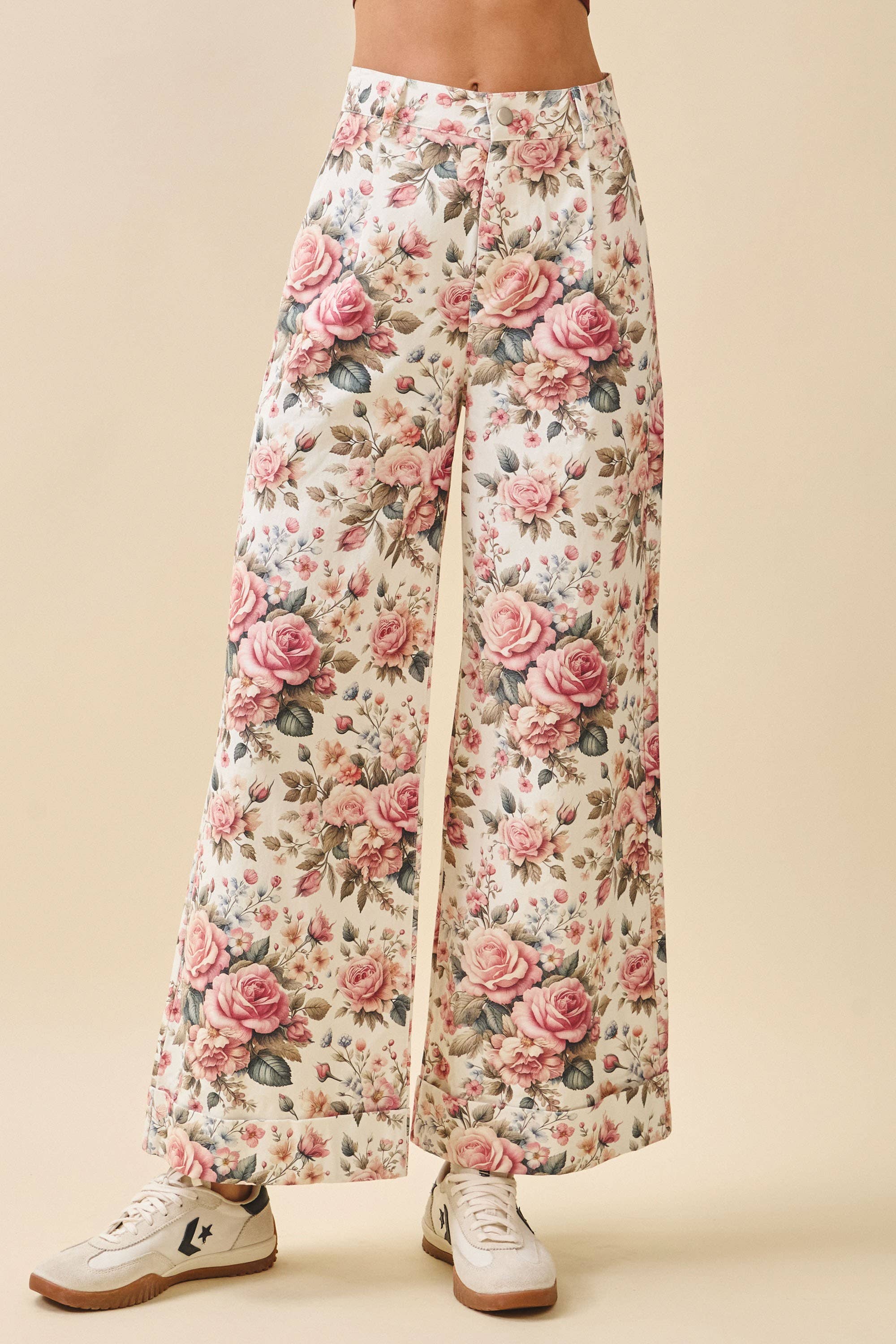 Rose Print Wide Leg High Waist Pants