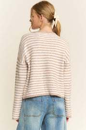 Pink Striped Henley Knit Sweater