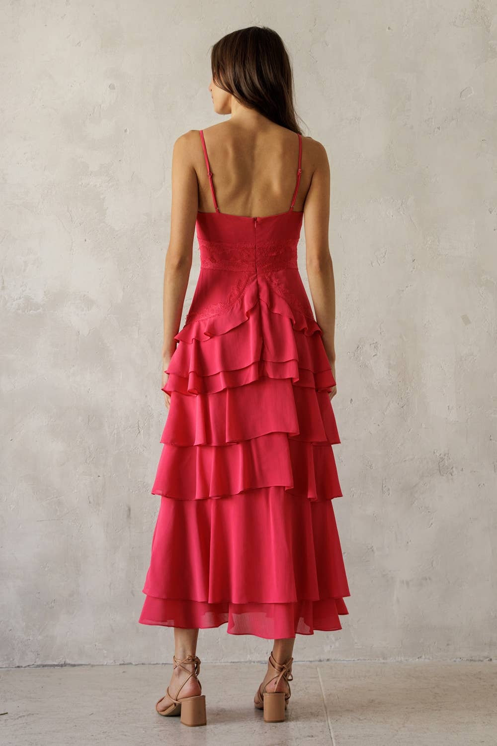 Pink Lace Trim Tiered Midi Dress