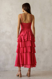 Pink Lace Trim Tiered Midi Dress
