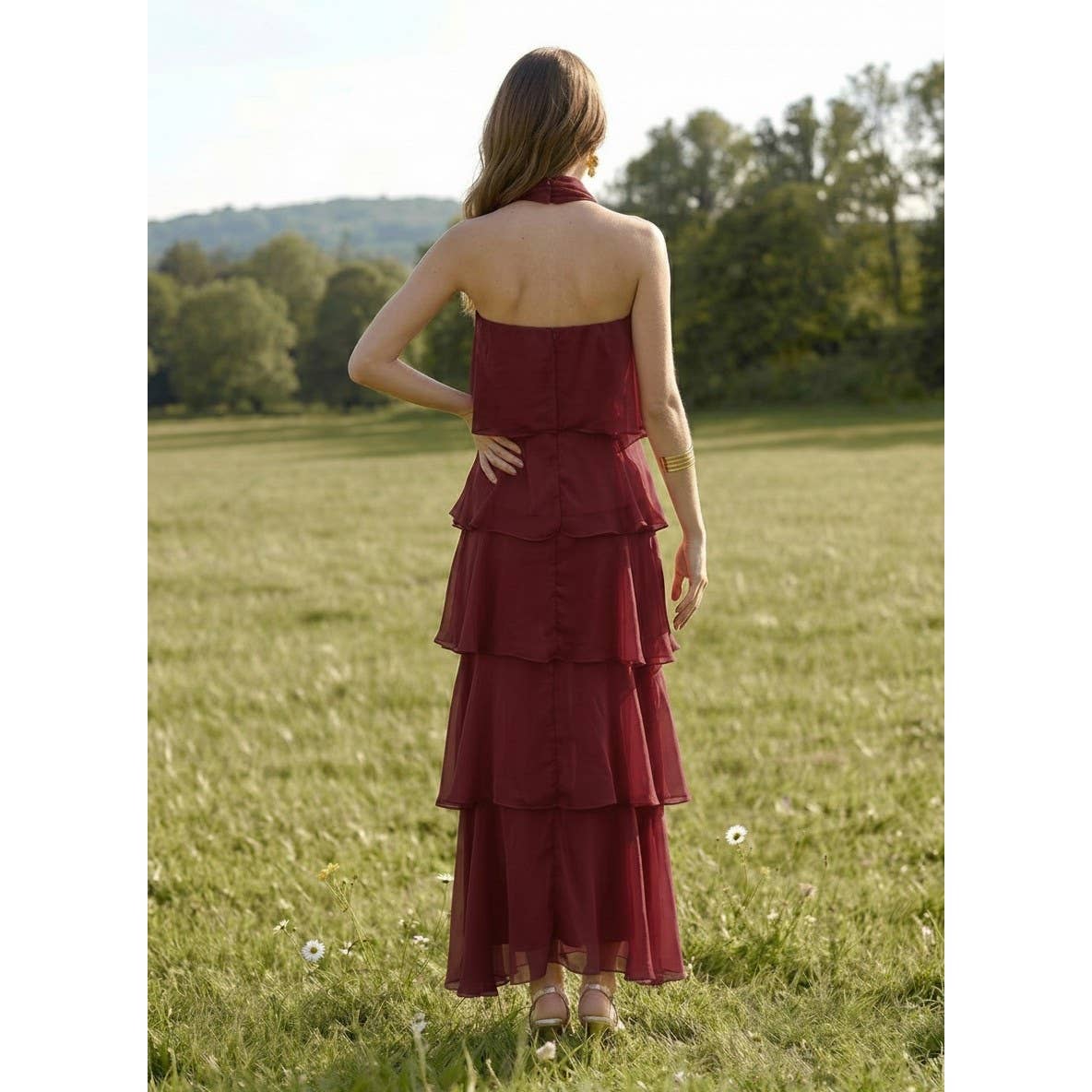 Maroon Strapless Tiered Midi Dress in a relaxed fit