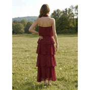 Maroon Strapless Tiered Midi Dress in a relaxed fit