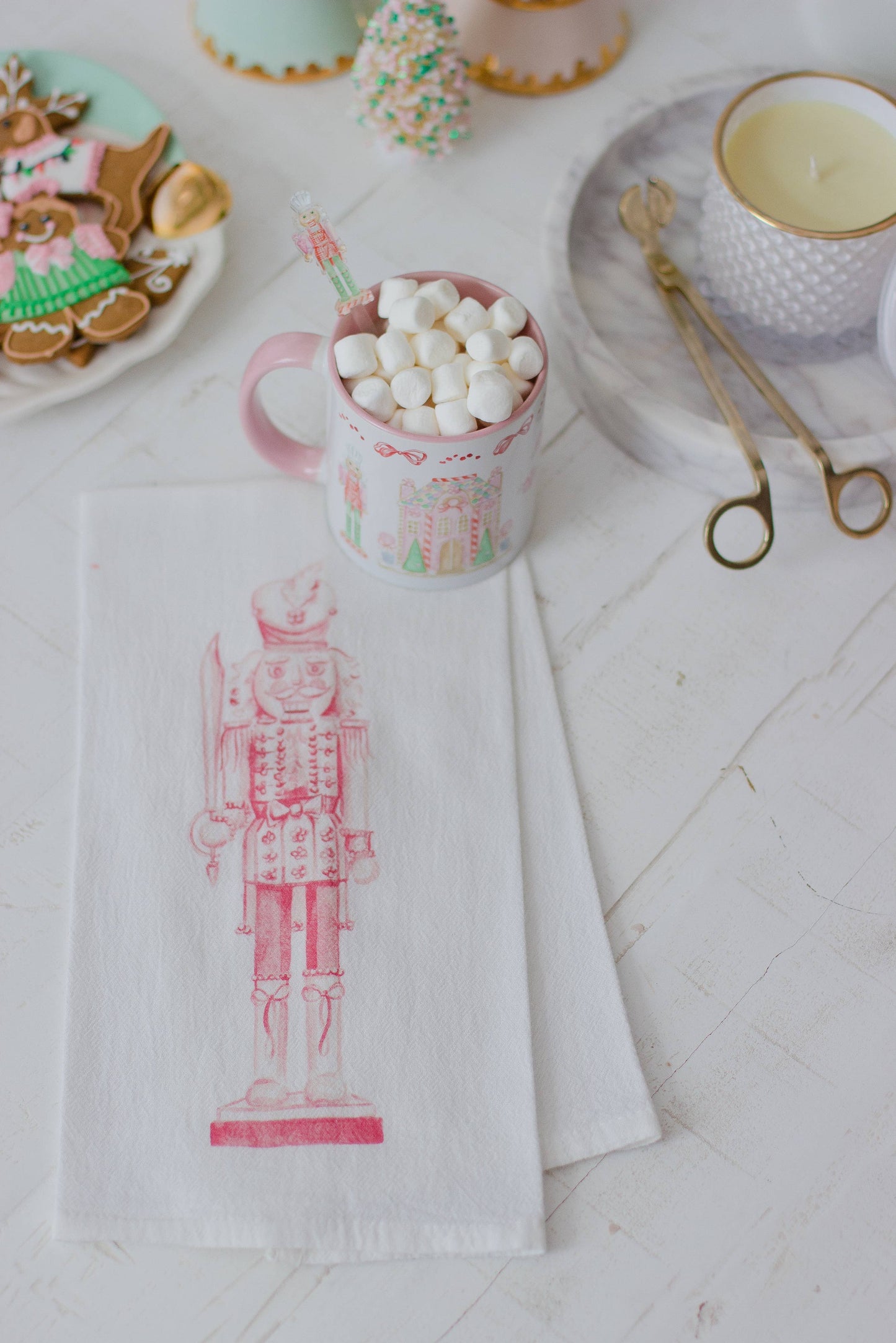 Grandmillennial Pink and White Nutcracker Tea Towel