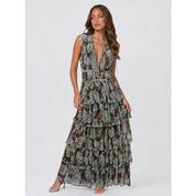 Brown Floral Plunging Ruffled Maxi Dress