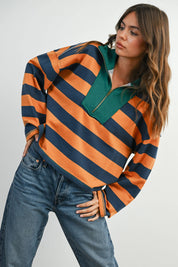 Green Striped Quarter-Zip Contrast Collar Sweatshirt