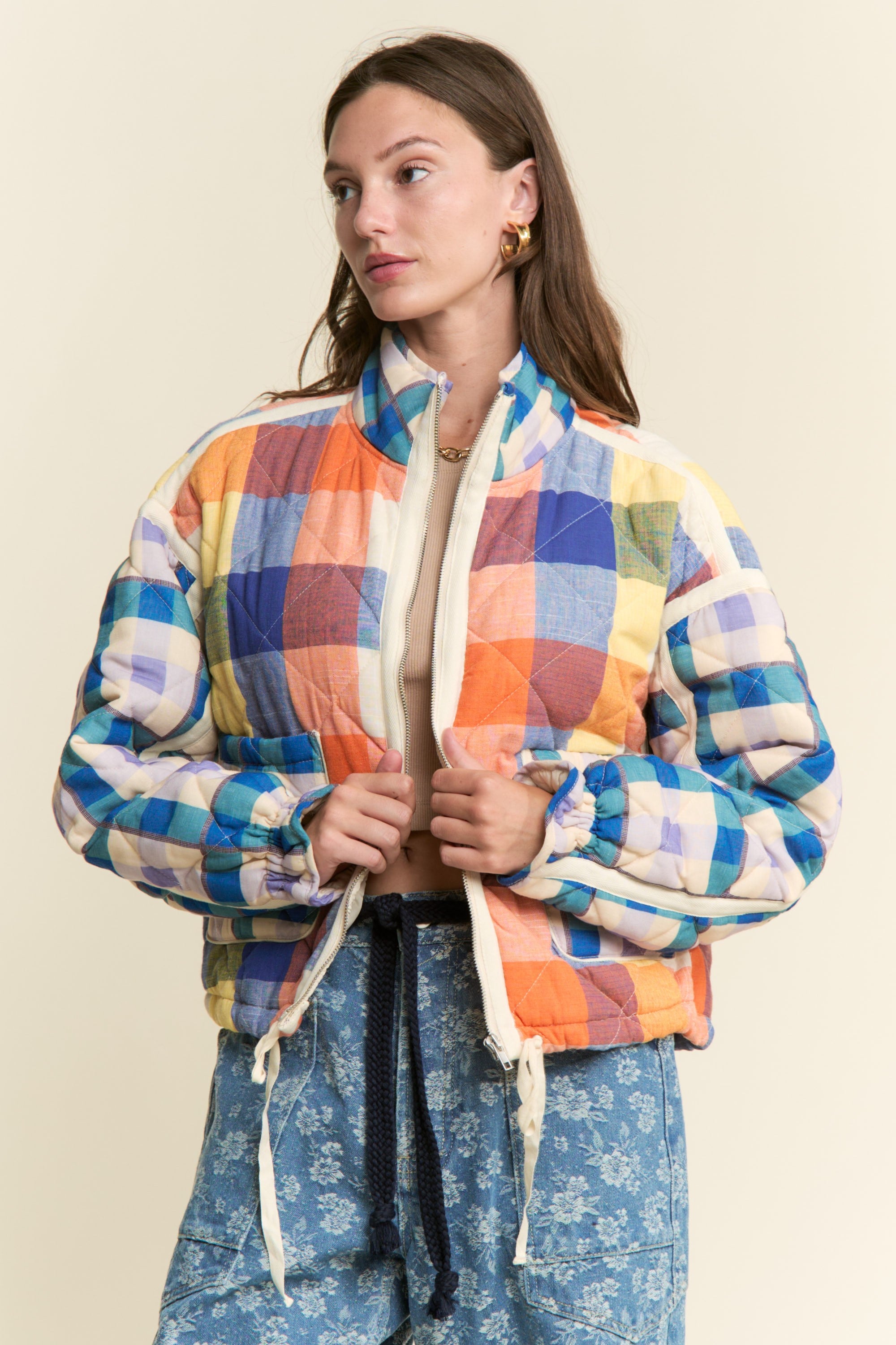 Blue Multi-color Plaid Puffer Jacket