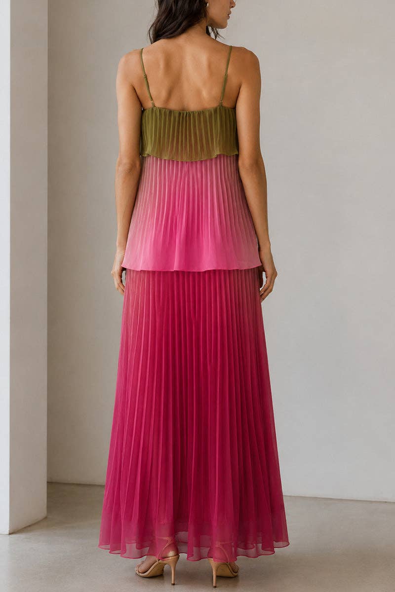 Red Ombre Pleated Tiered Maxi Dress