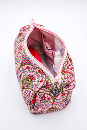 Pink & Multicolor Floral Makeup Bag showing wipeable liner