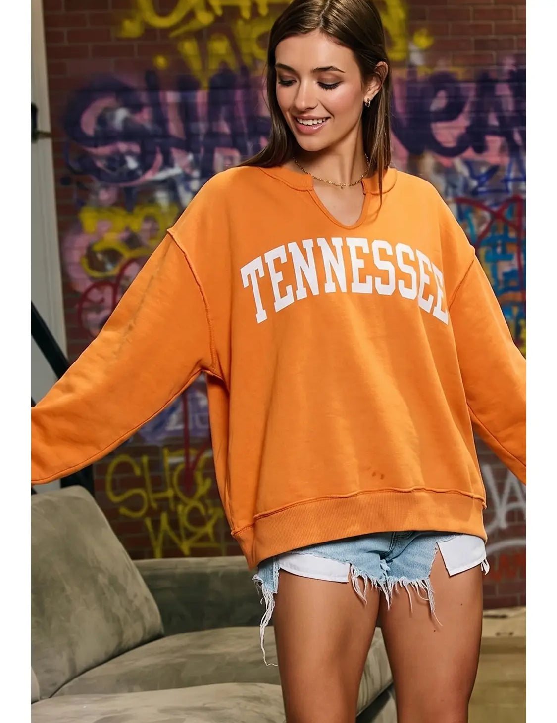 Orange Tennessee Split-Neck Sweatshirt at Ninety Nine Boutique