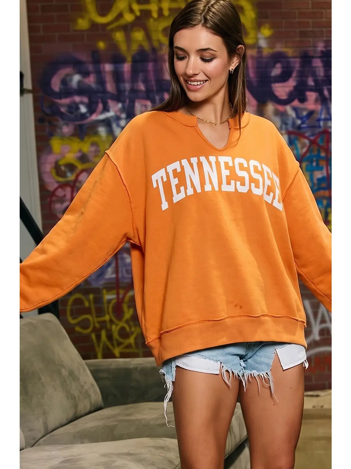 Orange Tennessee Split-Neck Sweatshirt at Ninety Nine Boutique
