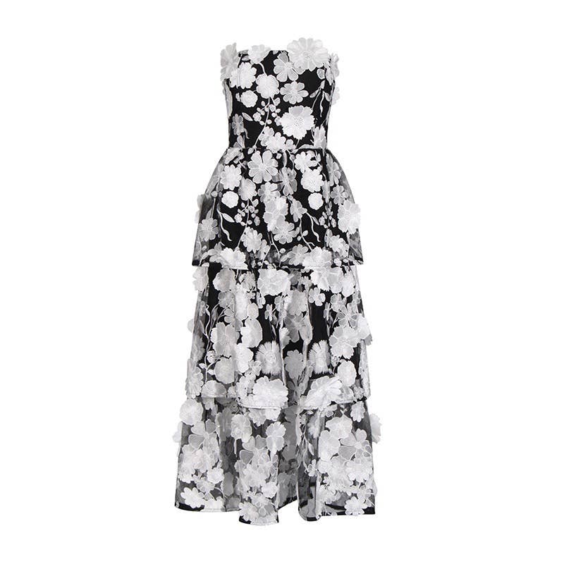 Blue 3D Flower Strapless Dress