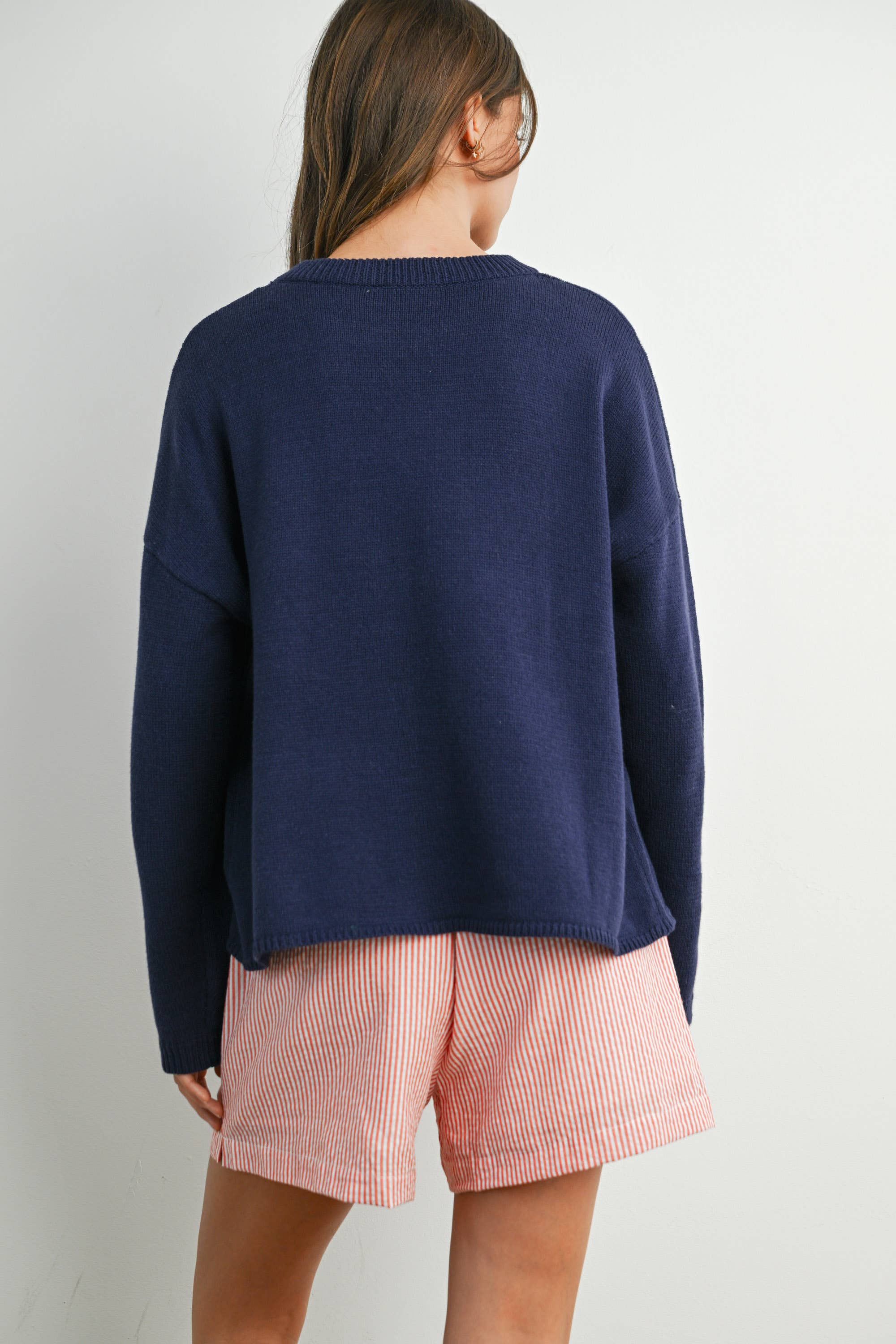 Navy Drop Shoulder Star Pattern Sweater