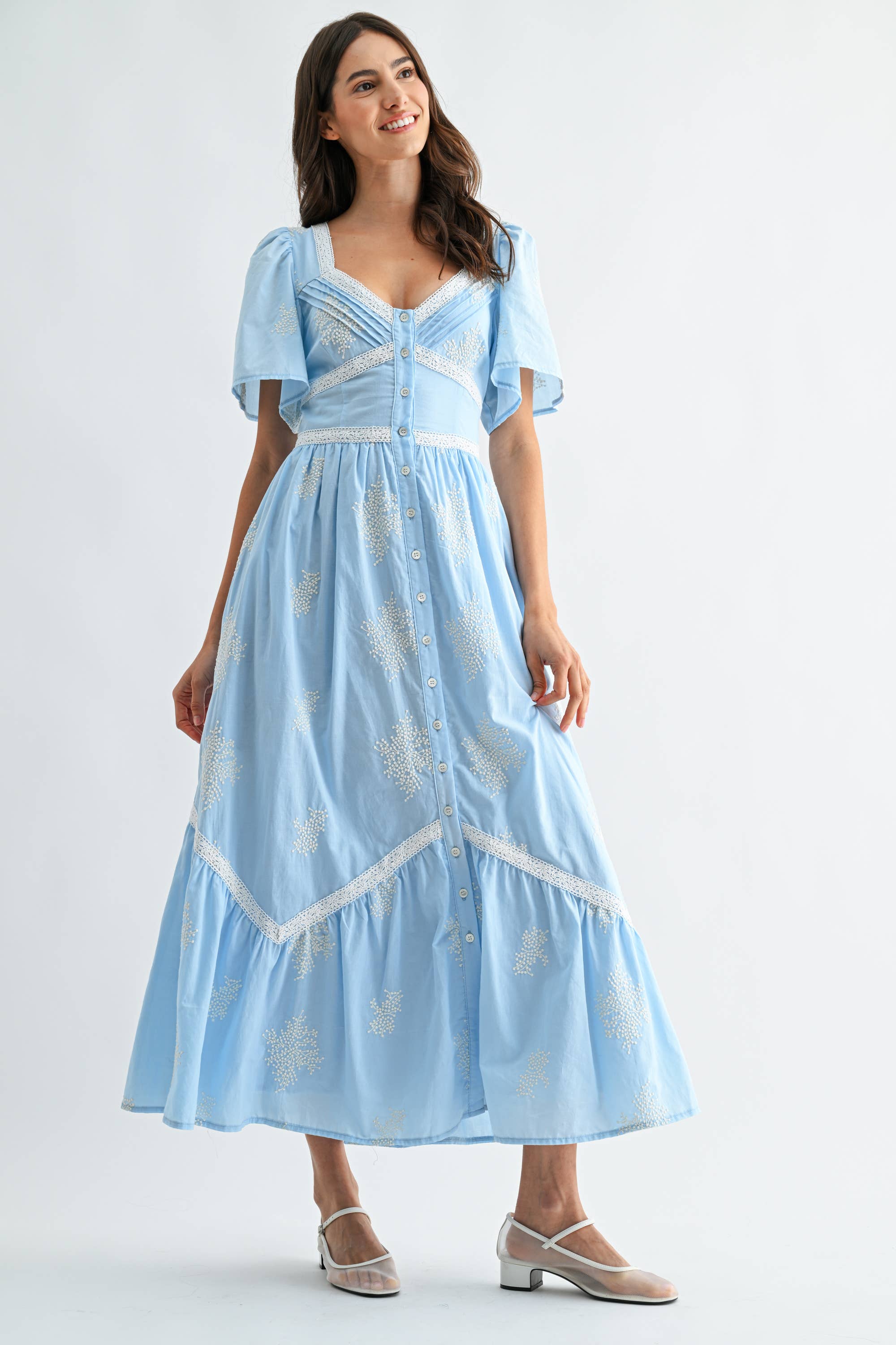 Blue Embroidered Midi Dress