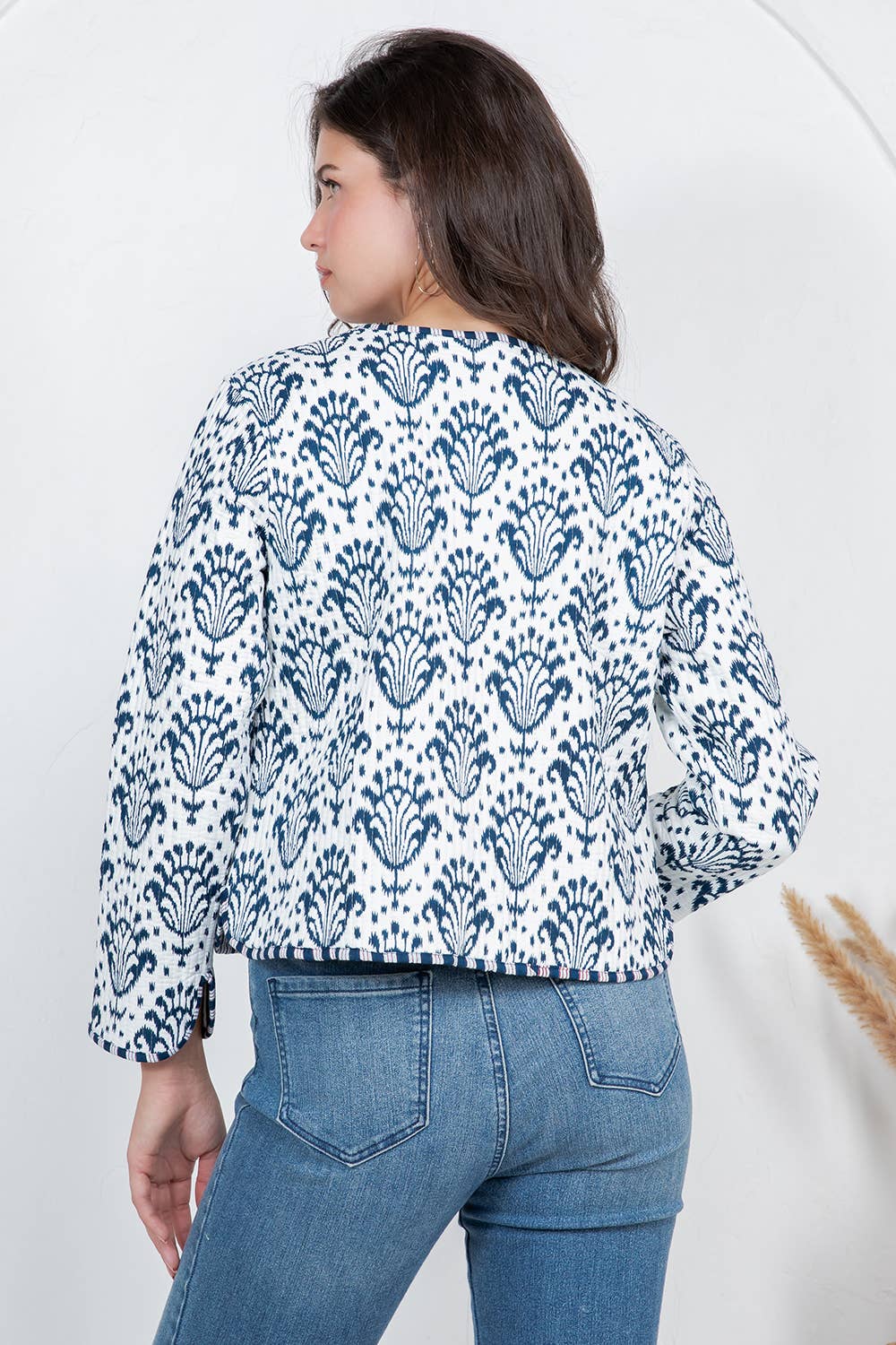 Blue & White Floral Print Quilted Jacket