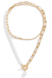 PEARL MIX DOUBLE LAYER TOGGLE NECKLACE | 40NK9460: Gold