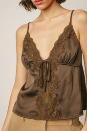 Brown Satin Lace Tie Front Cami Top