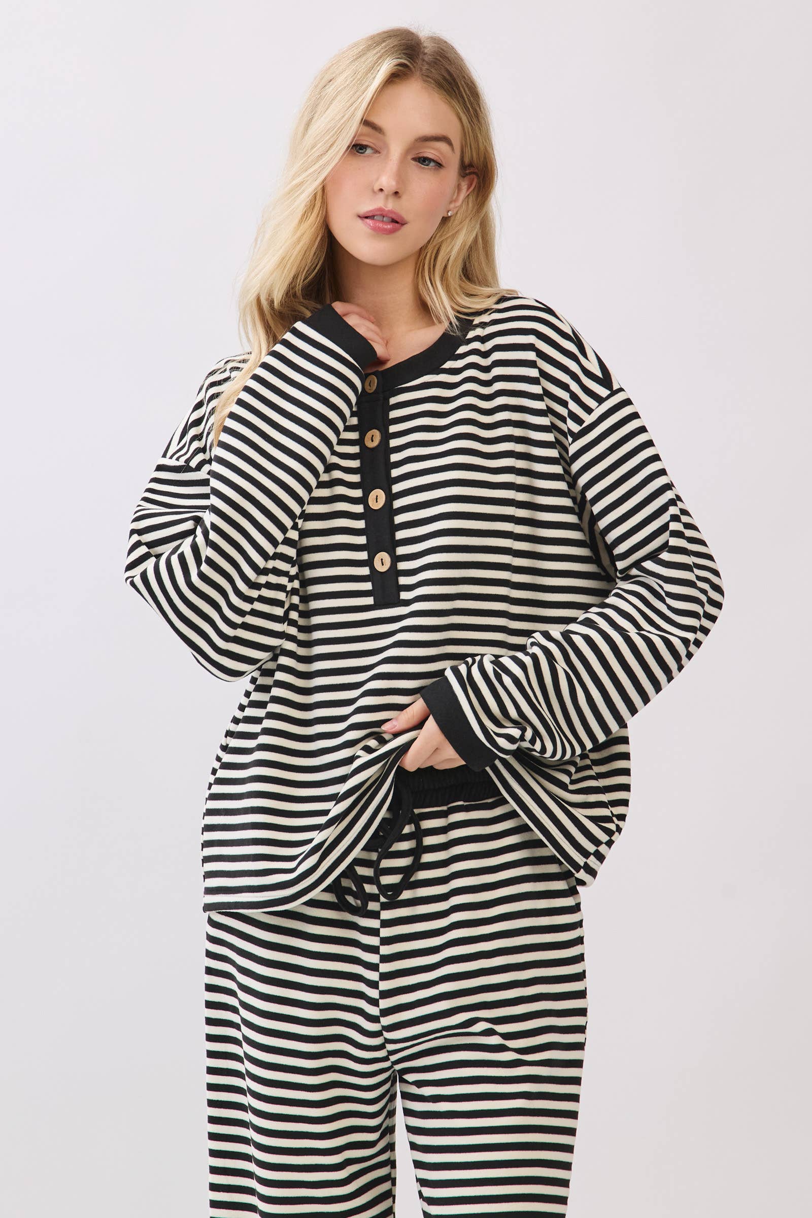Striped Button Henley Brushed Lounge Set