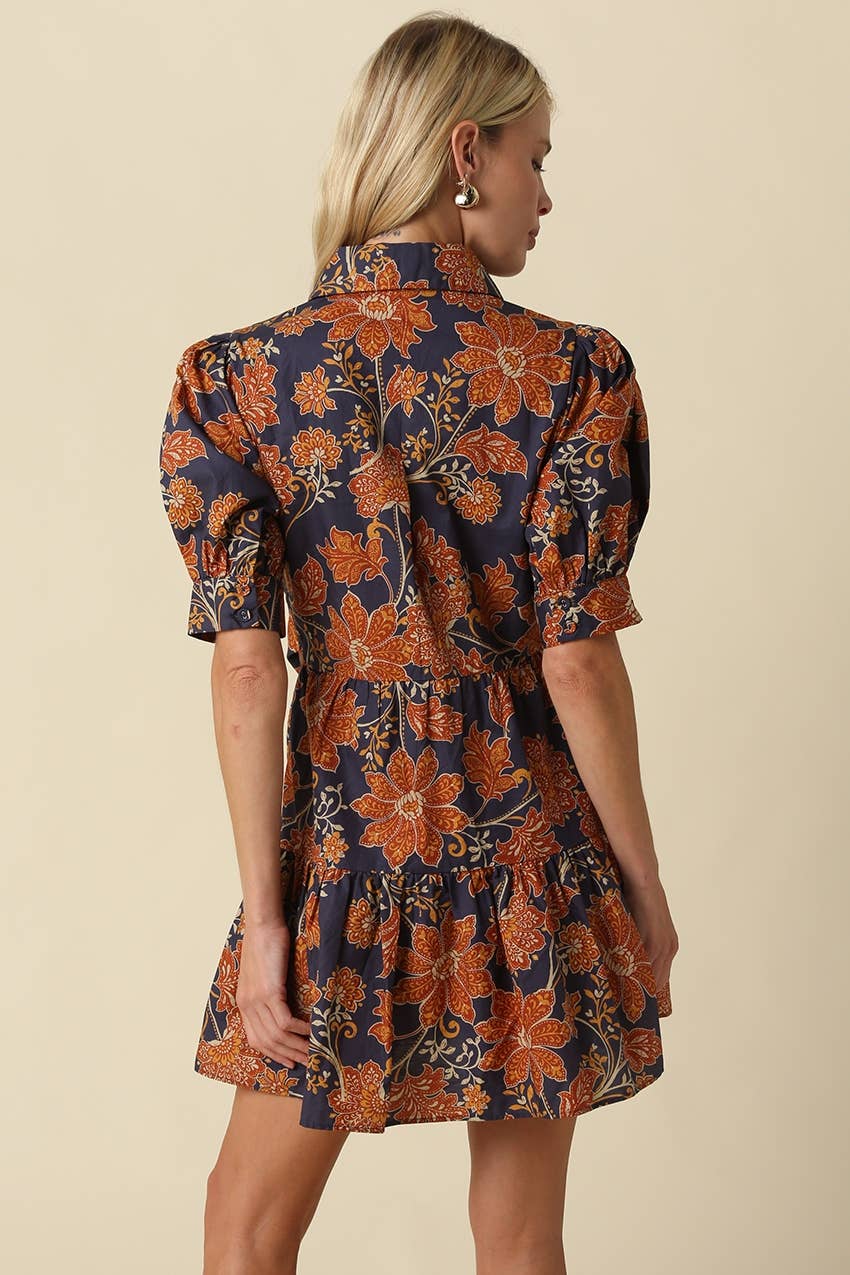 Navy & Orange Tie Front Floral Mini Dress showing floral print