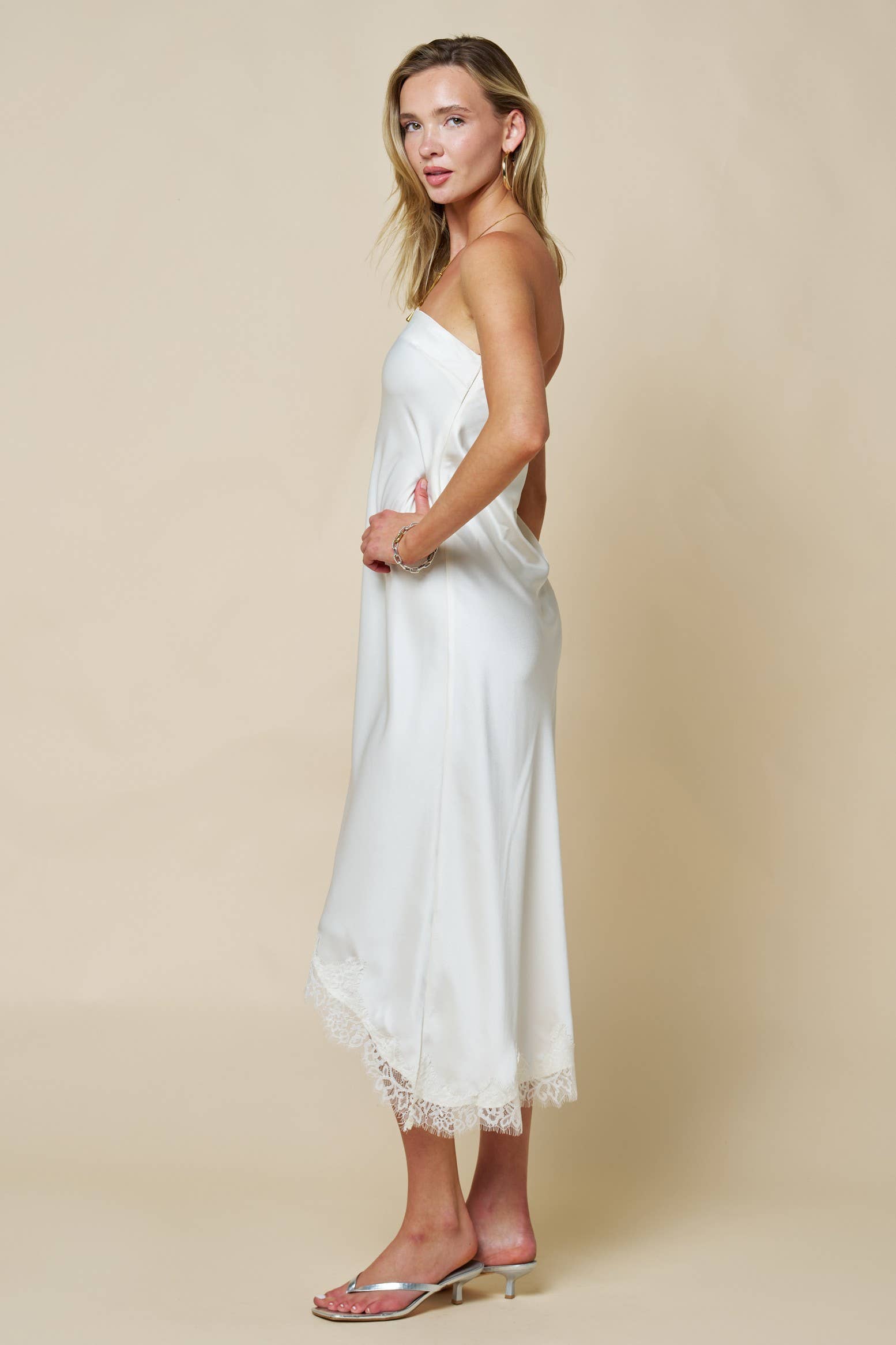Cream Strapless Satin Midi Dress