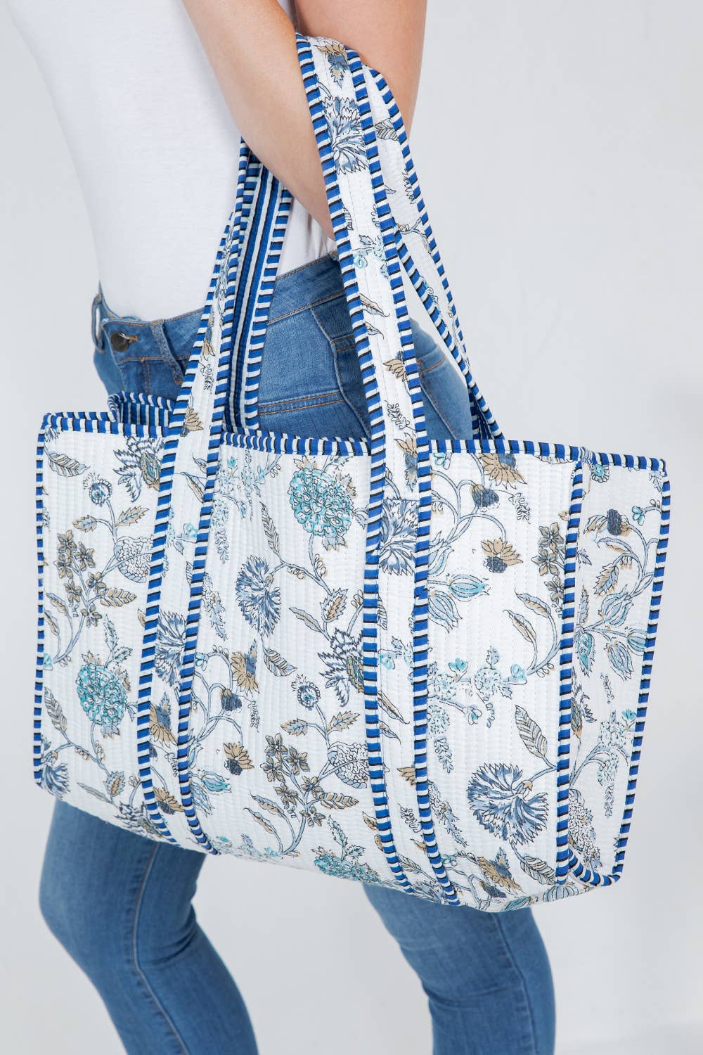 White Floral Quilted Tote Bag