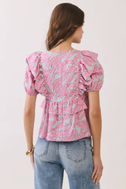 Tropical Leaf Ruffle Peplum Top