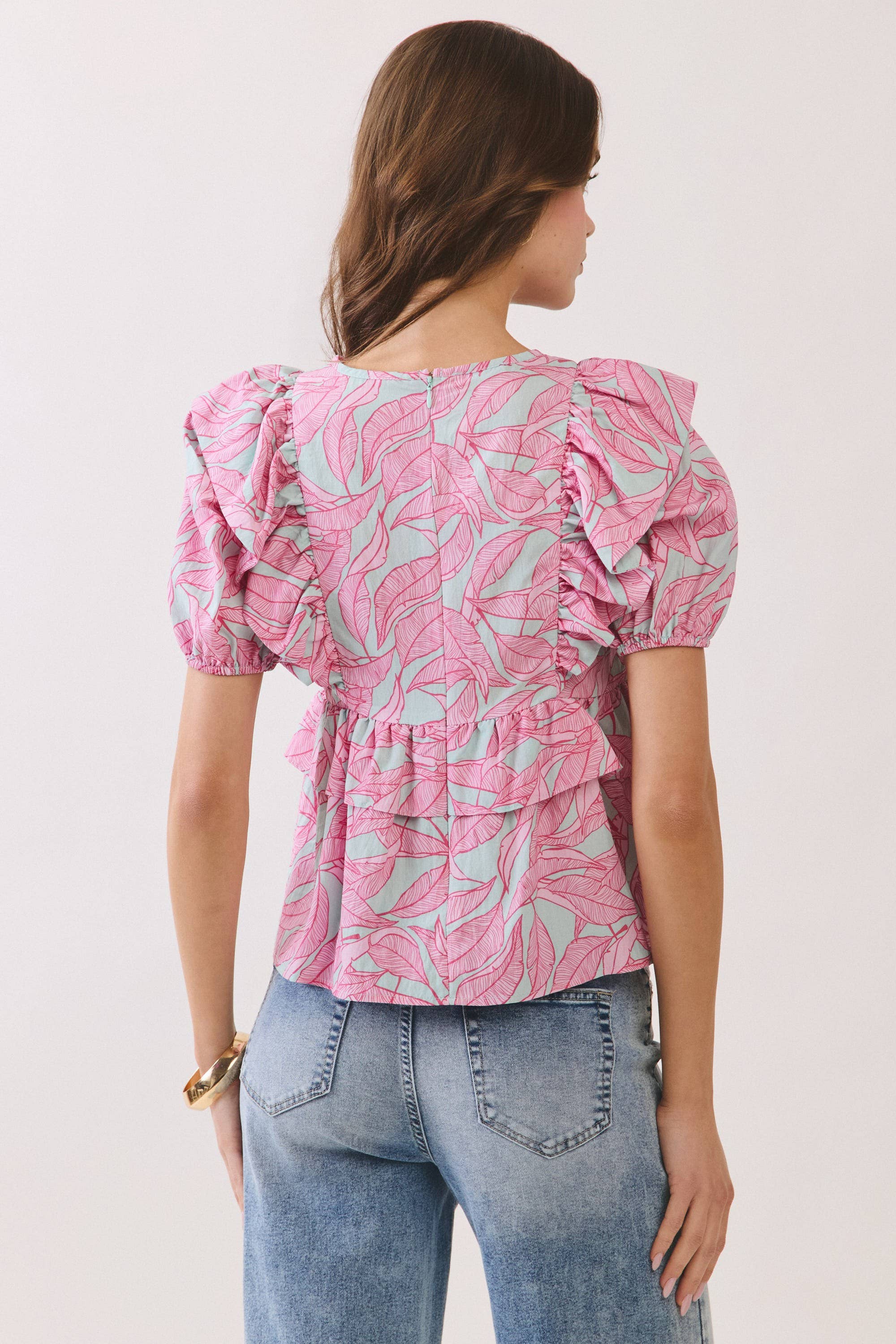 Tropical Leaf Ruffle Peplum Top