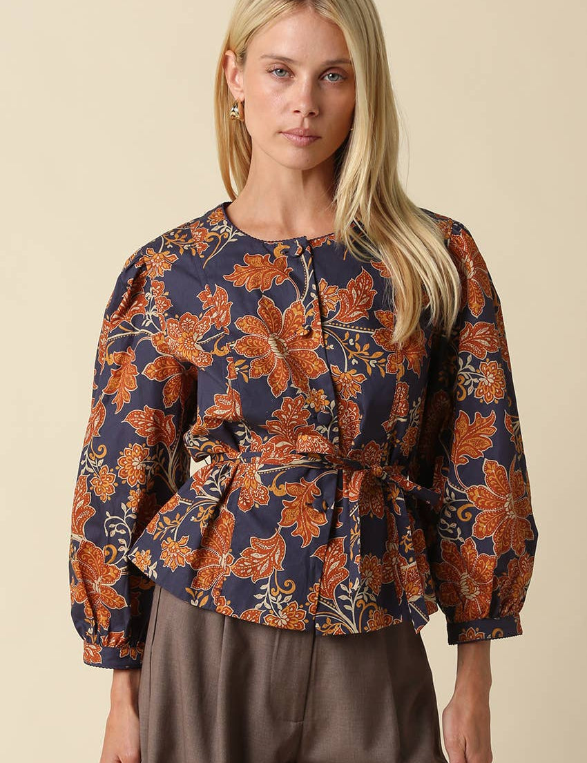 Navy & Orange Floral Tie Waist Blouse — floral and front tie