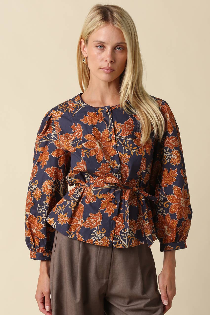 Navy & Orange Floral Tie Waist Blouse — floral and front tie