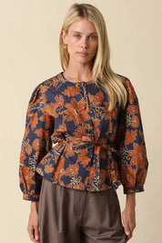 Navy & Orange Floral Tie Waist Blouse — floral and front tie