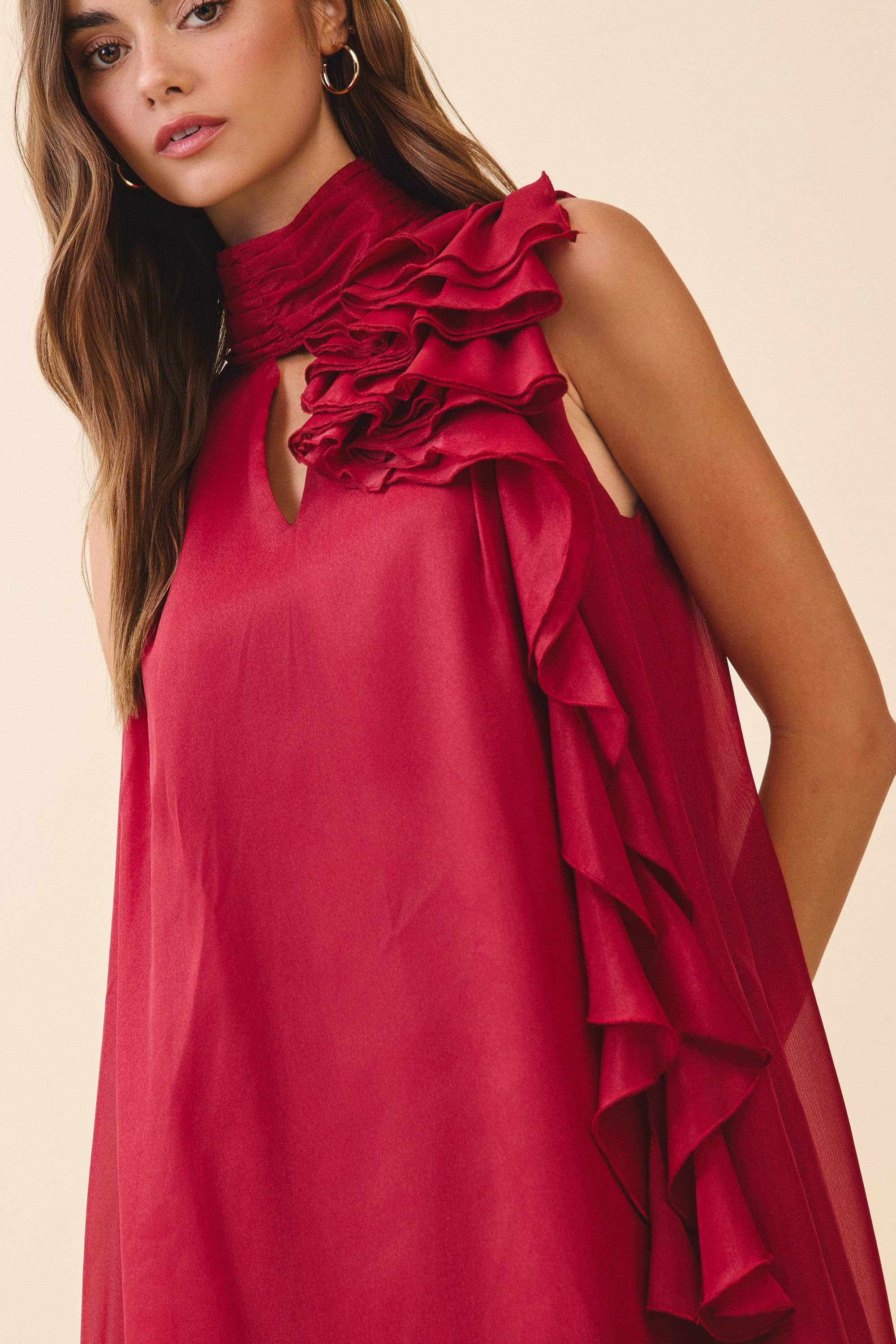 Red Sleeveless Mock Neck Ruffle Dress