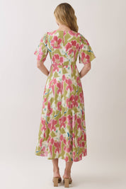Green Floral Print Smocked Shoulder Midi Dress