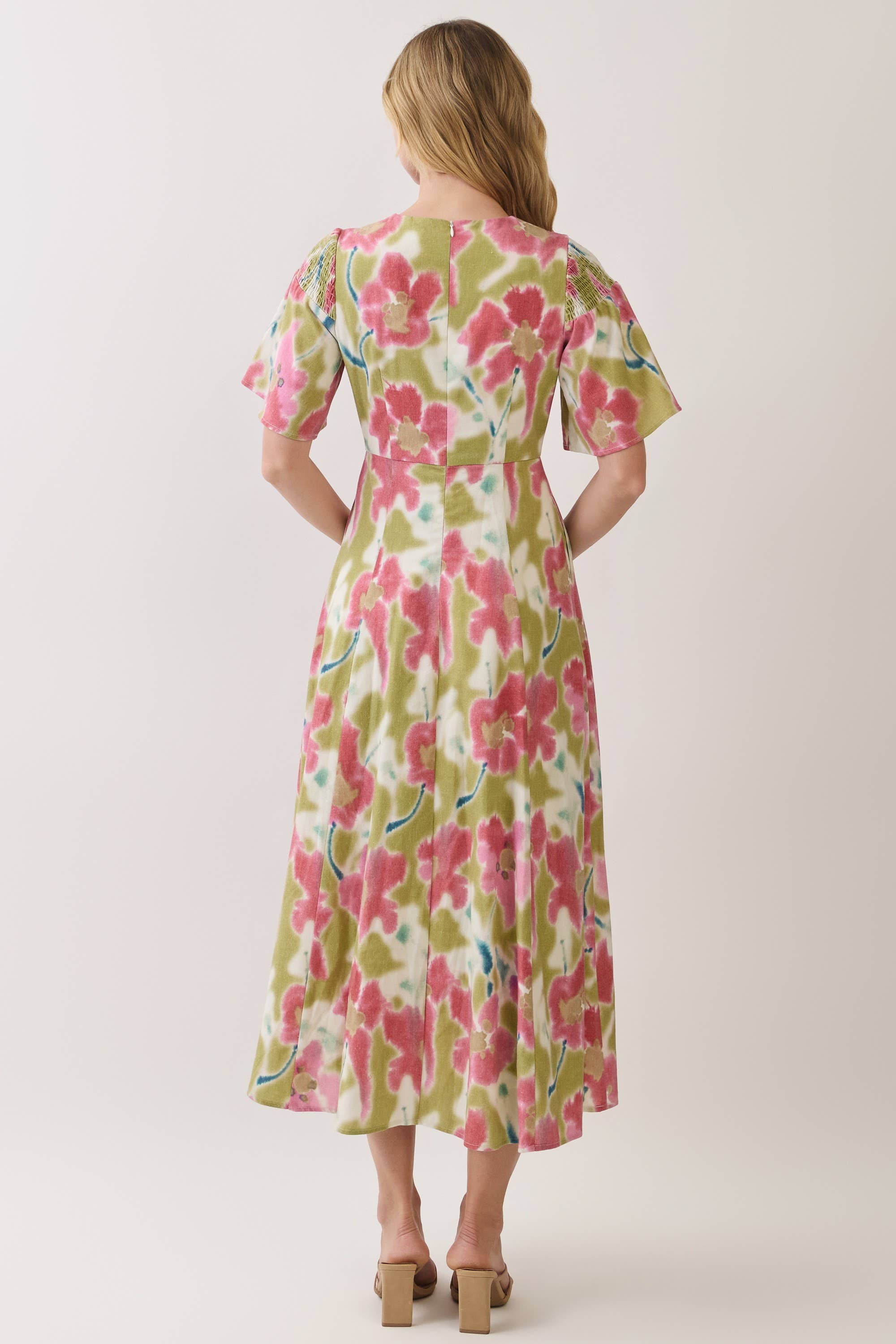 Green Floral Print Smocked Shoulder Midi Dress