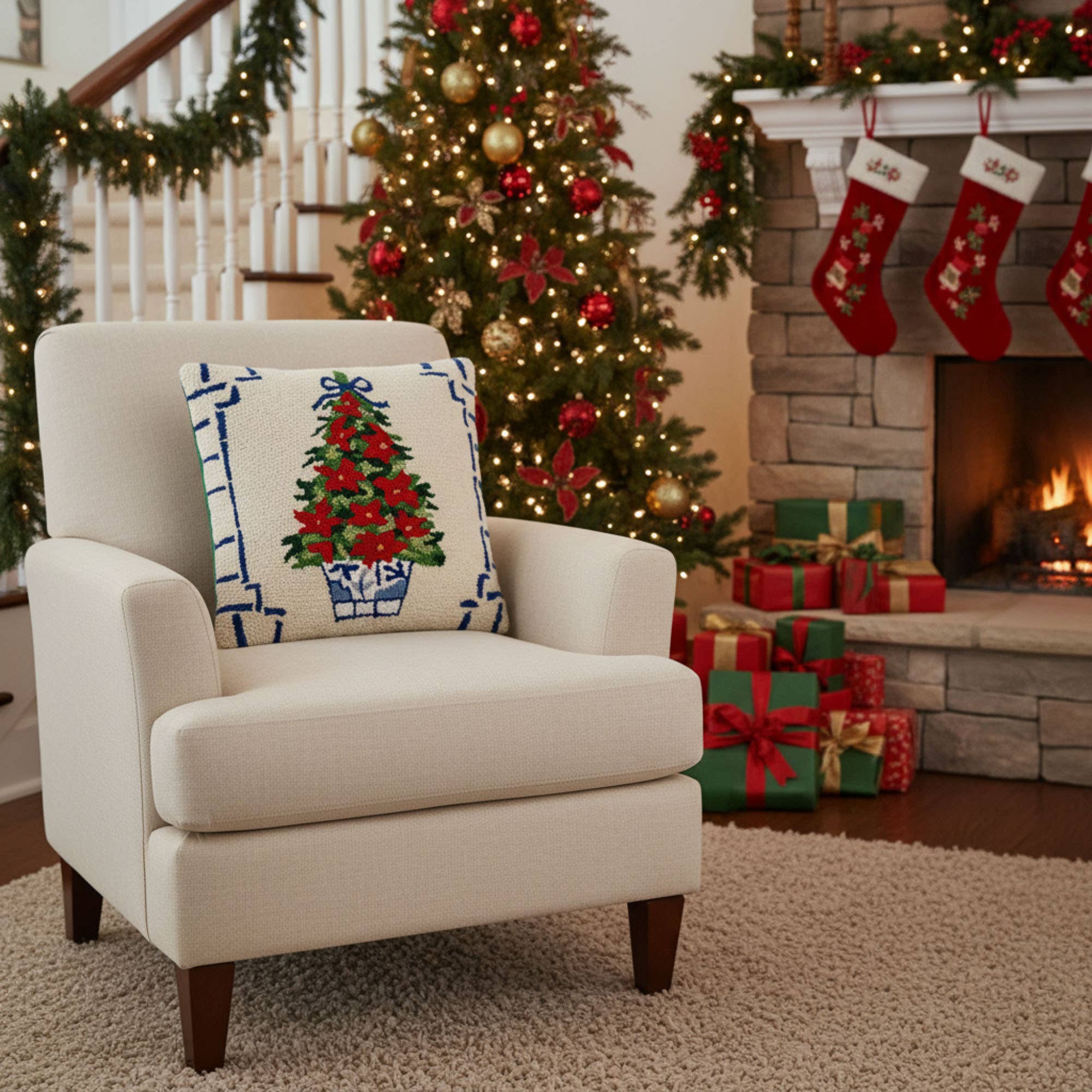 Cream Chinoiserie Poinsettia Tree Hook Pillow