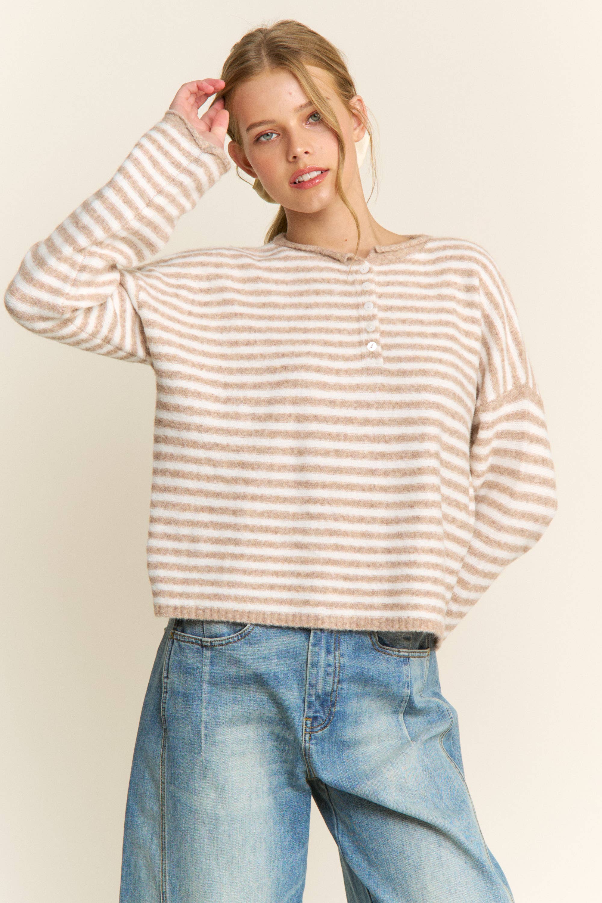Pink Striped Henley Knit Sweater