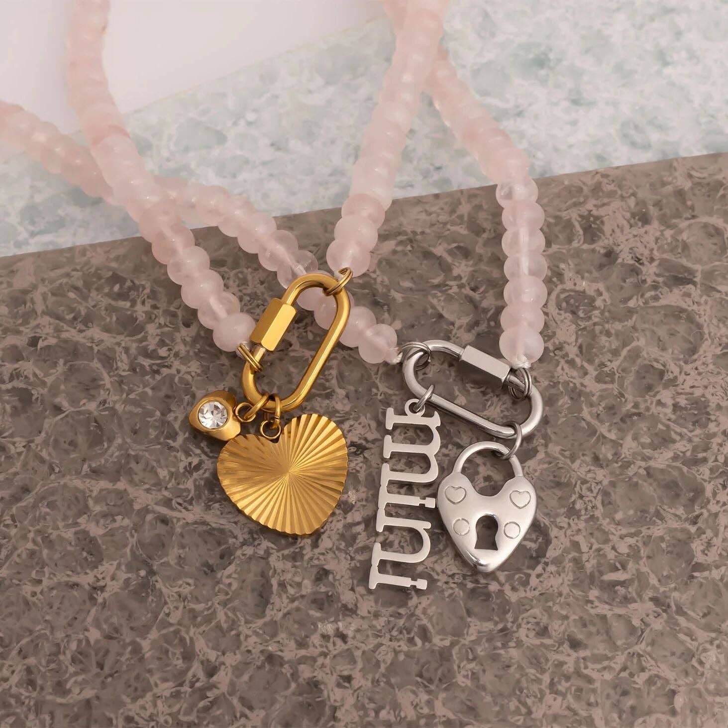 Stainless Steel Pink Chunky Glass Bead Necklace